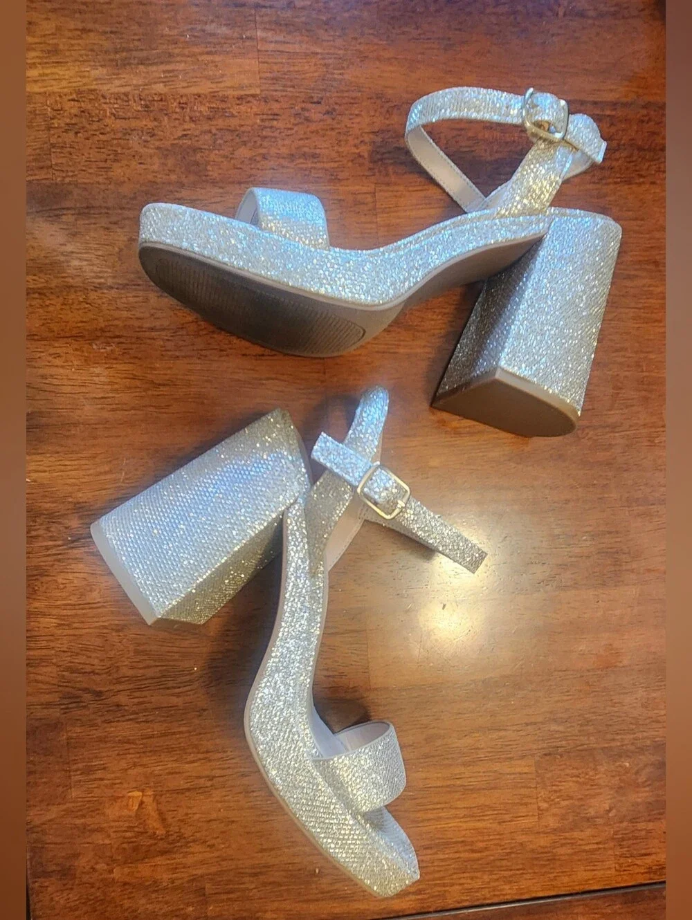 Gold Sparkle Platform Chunky Block Heel Sandals Women's Gogo 70s Y2K Date, 5.5